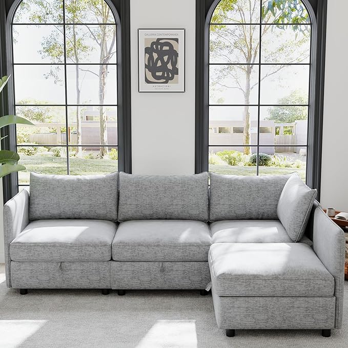 Oversized Modular Storage Sectional Sofa Customizable Seating Group Sofa&Couch Convertible Lounge Sleeper Chaise Daybed with Movable Seat, L-Shaped Chenille Upholstered Sofa Couch for Living Room