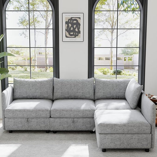 Oversized Modular Storage Sectional Sofa Customizable Seating Group Sofa&Couch Convertible Lounge Sleeper Chaise Daybed with Movable Seat, L-Shaped Chenille Upholstered Sofa Couch for Living Room
