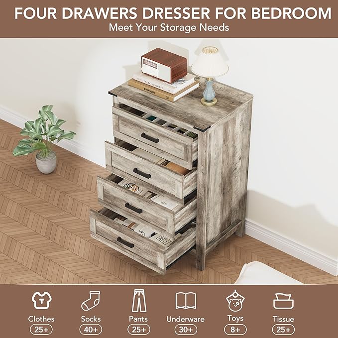 EazeHome 3-Piece Bedroom Furniture Set，Farmhouse Vertical 4-Drawer Dresser with 2 Nightstands, Retro Dresser and Nightstand Sets, Antique Gray