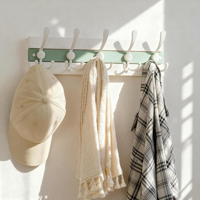 SKOLOO Coastal Wall Mounted Coat Rack - 16-7/8" Beach House Entryway Wooden Coat Hook with 5 Hooks for Hanging Coats, Hats or Towels, Oceanfront Cottage Core Collection, White & Green, Pack of 2 - Image 4