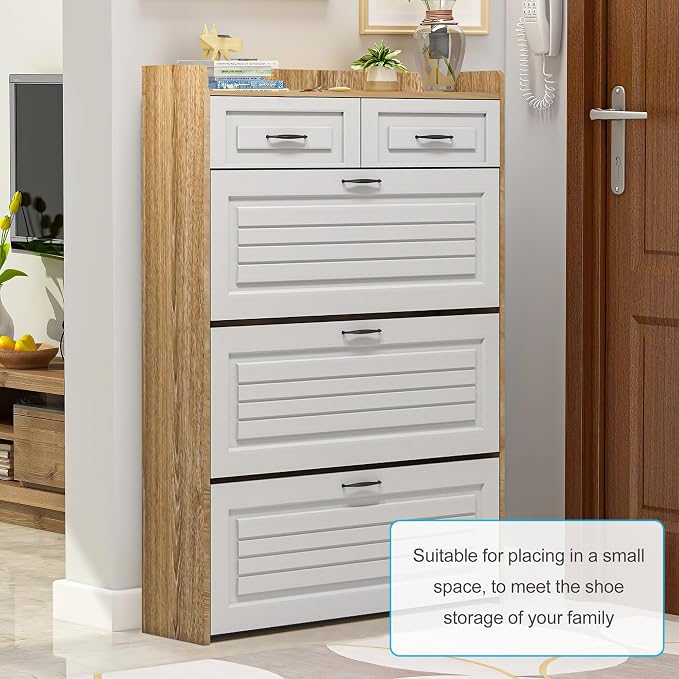 Vibe & Dine Shoe Cabinet with 3 Large Flip Drawers & 2 Storage Drawers, Narrow Shoe Organizer Cabinet Fits for Kinds of Shoes, Slim Shoe Storage Cabinet for Entryway, Hallway, Bedroom, Natural Wood - Image 5
