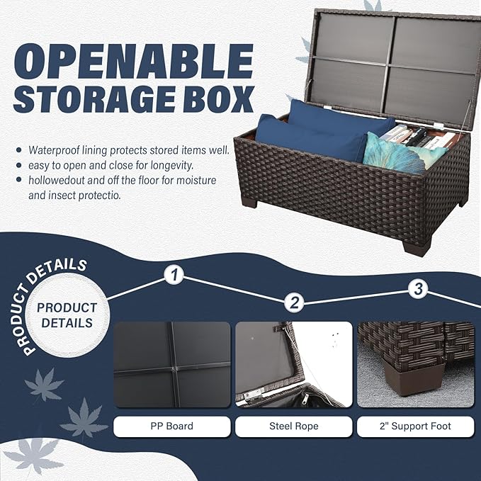 6 Pieces Patio Outdoor Furniture Conversation Sets Patio Wicker Sofa Set with Outdoor Couch Patio Chairs and Storage Table Non-Slip Cushions Waterproof Covers, Navy Blue
