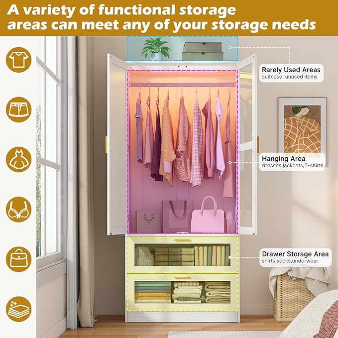 2 Doors Armoire Wardrobe Closet with LED and Mirror,71" H Freestanding Wooden Wardrobe Closet Cabinet for Bedroom w 2 Drawers,Wooden Clothing Storage Cabinet w Hanging Rod,Closets for Bedroom(White)