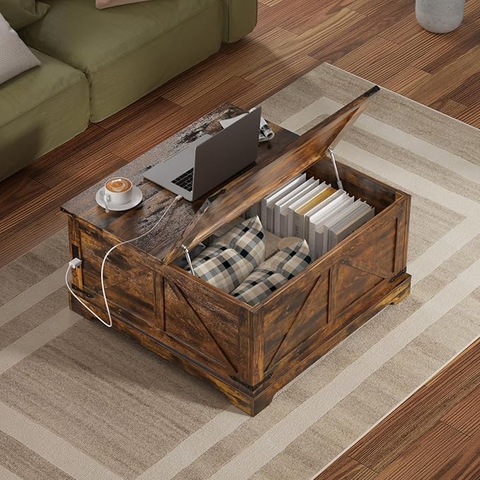 Vabches 35.4" Lift Top Coffee Table, Farmhouse Square Coffee Tables with Storage for Living Room, Center Table with USB Charging Station and Hidden Space, Grey
