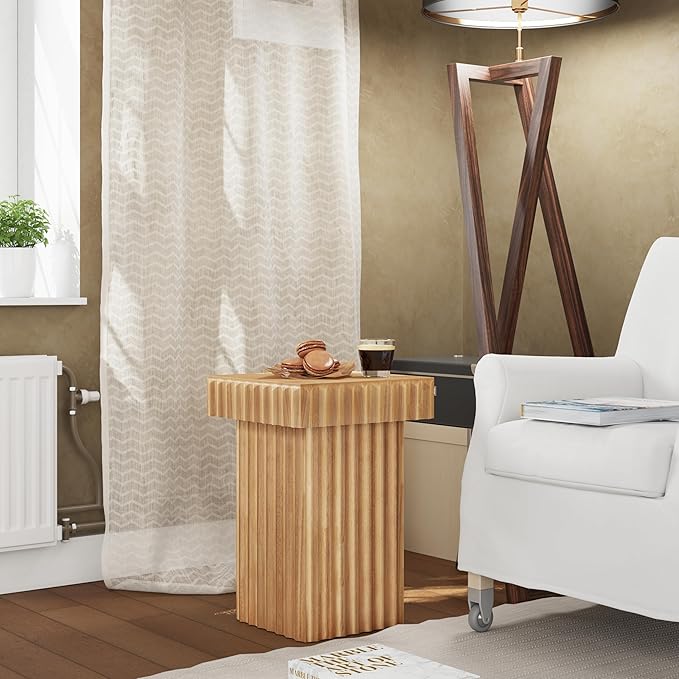 COZAYH Modern Fluted Wood End Table with Natural Oak Finish, Sculptural Accent Side Table with Textured Design, Plant Stand Small Space Furniture for Living Room, Farmhouse