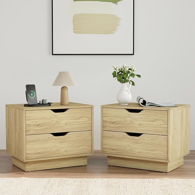 Modern Nightstand with Charging Station, Night Stand Wood Bedside Tables with 2 Storage Drawers, End Table for Bedroom, Office, Sofa, Natural - Image 7
