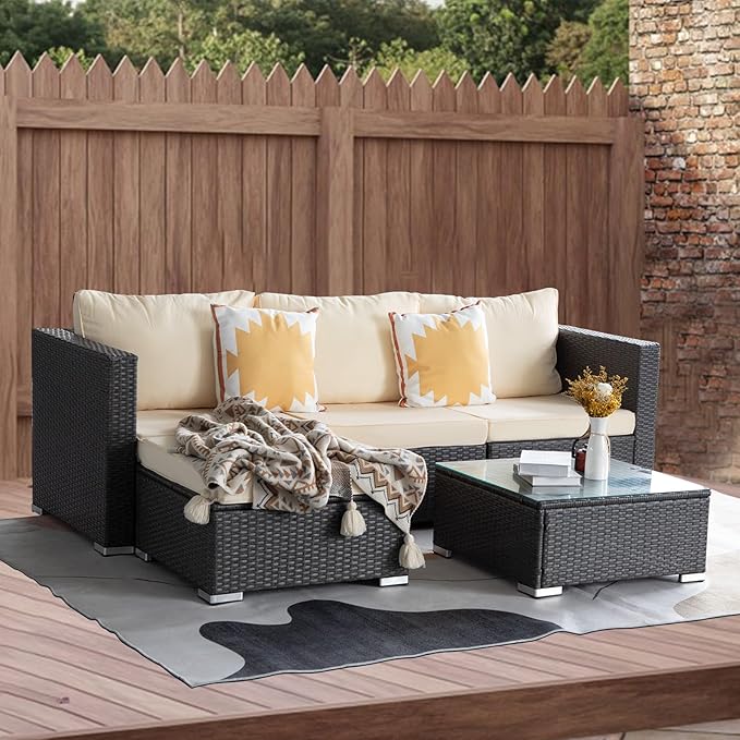 PAOLFOX5 Piece Rattan Patio Furniture Set, Outdoor Patio Conversation Set with Table,Soft Cushion and Backrest,Modern Chairs and Table Sets,Outdoor Furniture for Porch, Garden, Lawn,Grey/Beige