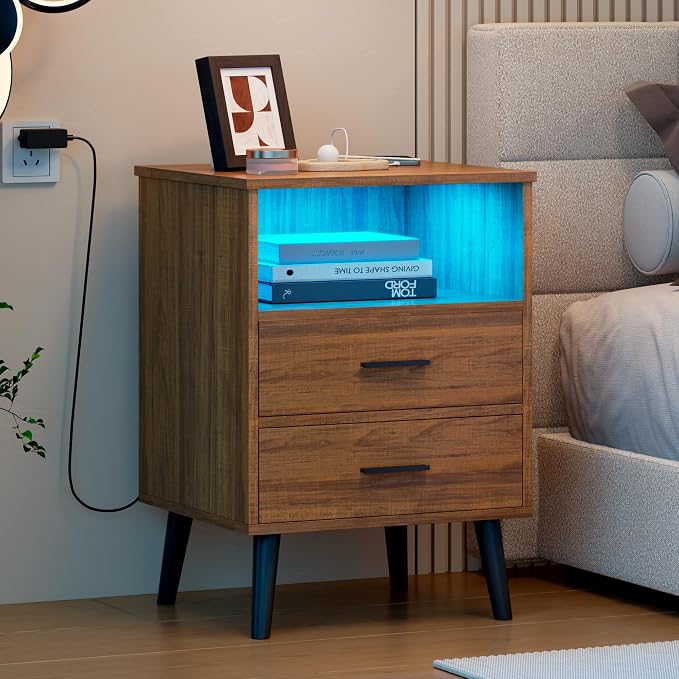 LVSOMT Nightstands Set of 2, Nightstand with Charging Station and USB Ports, Rustic Brown Bedside Table with Open Shelf, Mid Century Modern Nightstand with 2 Drawers, Night Stands for Bedroom - Image 8