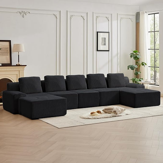 Modular Sectional Sofa with Movable Ottoman, 5 Seat Deep Seat Couch with 5 Pillows, Comfy Cloud Sectional Sofa for Living Room, Bedroom and Apartment (Black, 1 Left+1 Right+3 Middle+2 Ottoman)