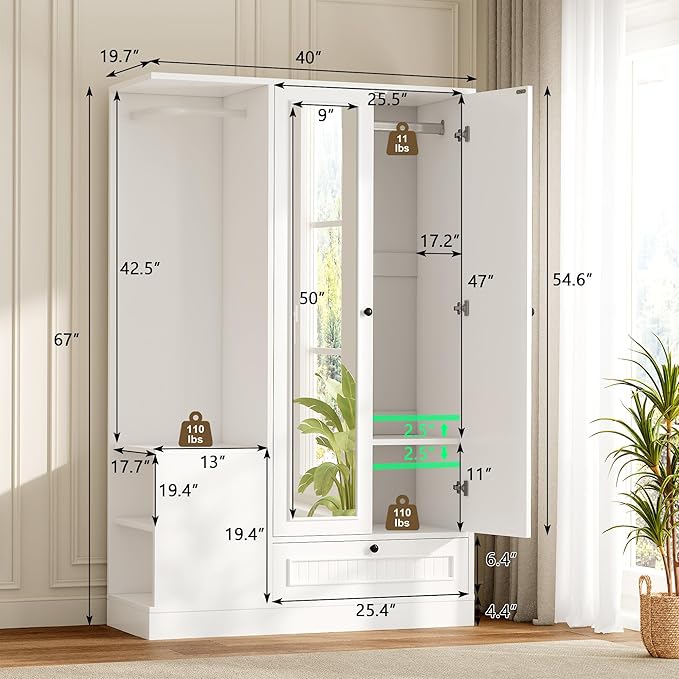 Feonase Armoire Wardrobe Closet with Mirror, Bedroom Armoires with 2 Doors, 1 Drawers and 3 Shelves, Large Clothing Storage Cabinet for Hanging Clothes, White