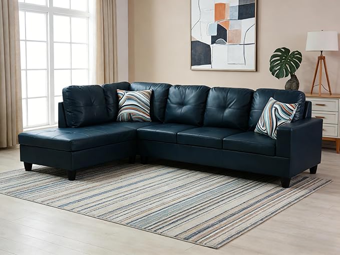 103.5 Inch Modern L-Shaped Couch, PU Leather Sectional Sofa with Chaise Lounge, 4-Seater Couch with Accent Pillows for Living Room, Apartment, Blue