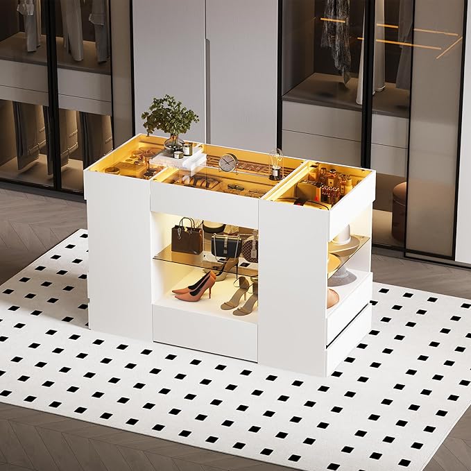 Kikihouse Modern Closet Island with 10 Drawers, LED Wardrobe Armoire Island with Glass Top, Luxury Walk-in Closet Island Storage Cabinet with Display Shelf for Cloakroom (White+Amber Glass)