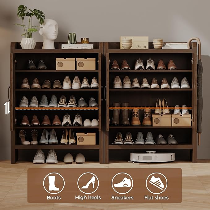 Mericonia 6-Tier Shoe Cabinet Storage for Entryway, Rattan Shoes Organizer Cabinets with Doors, Wooden Shoe Rack, Farmhouse Boho Wood Storage Cabinet (Walnut, 6-Tier) - Image 4