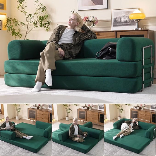79" Convertible Sleeper Sofa Bed with Cylindrical Pillow, Corduroy Folding Mattress Couch with Fixed-Shape Frame, Floor Sofa Lounge Couch for Living Room Bedroom Lounge Studio (Green)