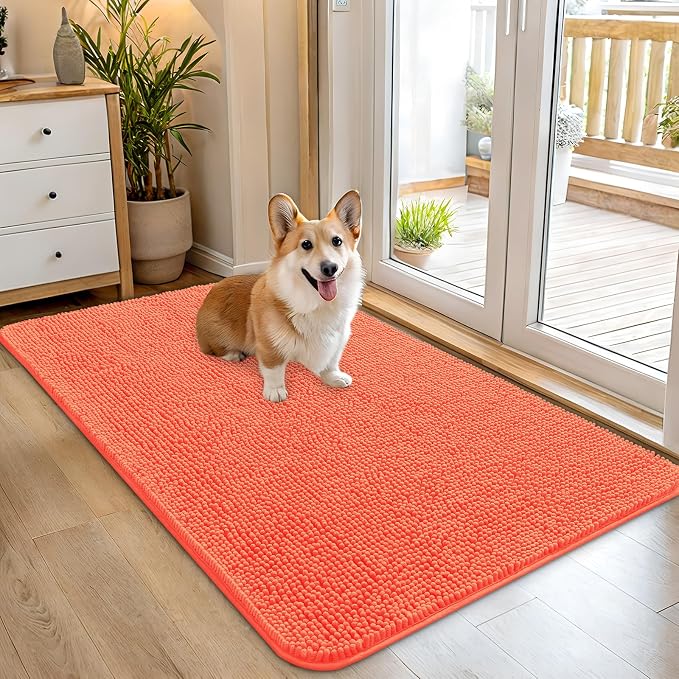 OLANLY Dog Door Mat for Muddy Paws 45x27, Absorbs Moisture and Dirt, Absorbent Non-Slip Washable Doormat, Quick Dry Chenille Mud Mat for Dogs, Entry Indoor Entryway Carpet for Inside Floor, Coral by OLANLY