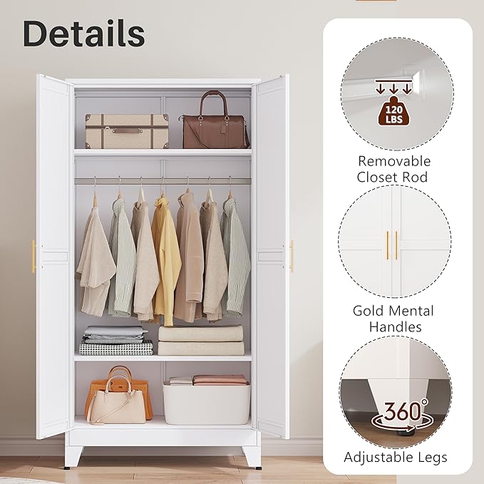 winiowa Metal Armoire Wardrobe Closet with 2 Doors, 71" Wardrobe Cabinet with Adjustable Shelves and Hanging Rod, Clothing Storage Cabinet Closet for Bedroom-White