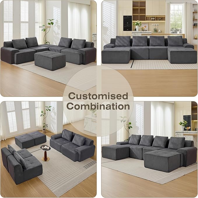 Modular Sectional Sofa, 6 Seat Modular Couch, Modular Sofa with Deep Seat and Detachable Pillow (Grey, 6 Pieces-U Shape)