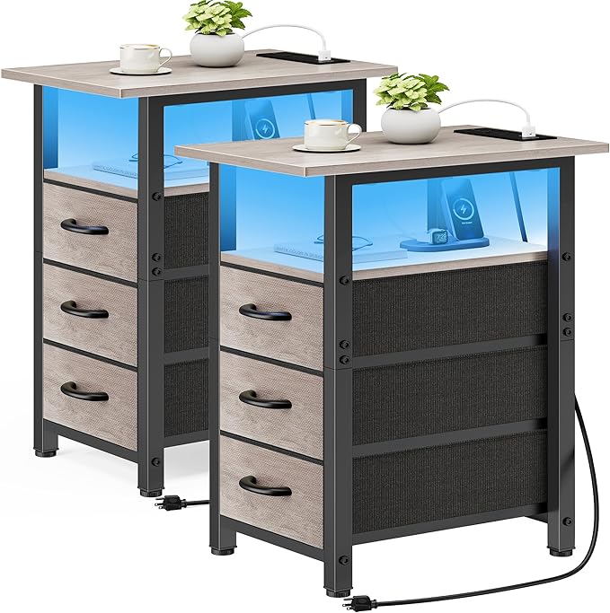 Vagusicc Set of 2 Nightstand with Charging Station and LED Lights, Narrow End Table, LED Night Stand with 3 Fabric Drawers for Bedroom, Small Bedside Table, Narrow Side Table for Small Spaces, Greige by Vagusicc