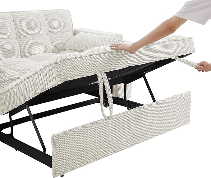 Eafurn 3 in 1 Convertible Sleeper Sofa Couch Bed,Padded Futon Loveseat Couch with Pull-Out Bed, 65" Oversized Recliner Loveseat Lounge Chaise w/Storage Armrest,USB, Side Table and Cupholders