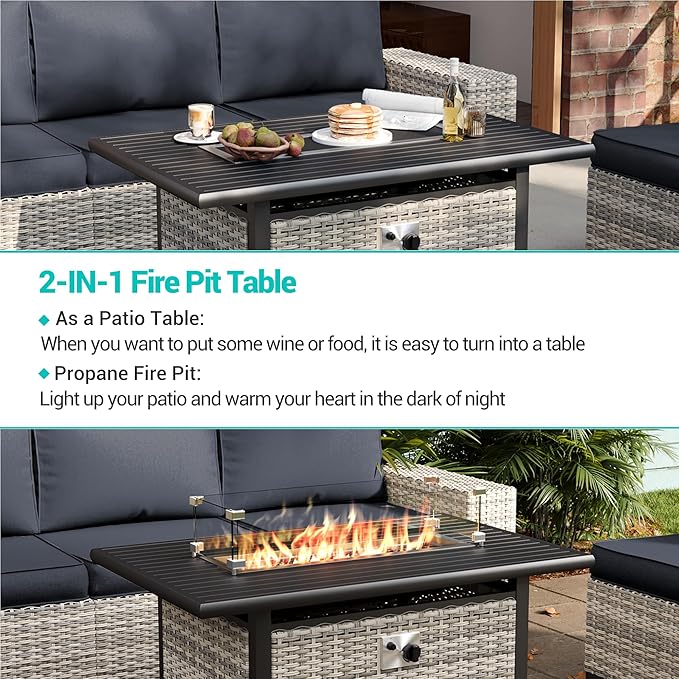 8-Piece Outdoor Patio Furniture Set with 55,000 BTU Fire Pit Table, PE Wicker Rattan Sectional Sofa Conversation Set - All-Weather Garden, Backyard Furniture, Dark Grey
