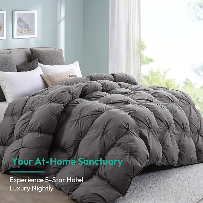 Three Geese Pinch Pleat Feather Down Fiber Comforter - All-Season Down Duvet Insert Fluffy Baffle Box Design with 8 Corner Loops for Warmth and Softness.