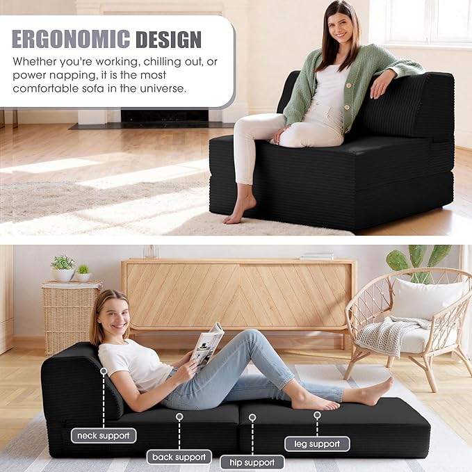 Folding Sofa Bed with Pillow, Memory Foam Fold Out Chair Bed, Convertible Sleeper Chair with Washable Cover, Futon Floor Couch for Living Room/Dorm/Guest Use/Home Office/Apartment, Black