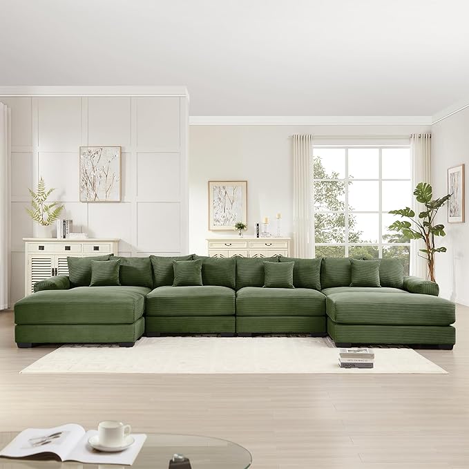 KEIKI 168" U-Shaped Oversized Corduroy Modular Cloud Sectional Sofa with 2 Ottoman, High-Density Foam Cushion, Extra-Thick Armrest, 4-Seater Fluffy Corner Couch with 12 Pillow, for Living Room, Green