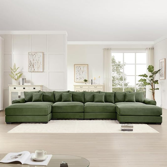 KEIKI 168" U-Shaped Oversized Corduroy Modular Cloud Sectional Sofa with 2 Ottoman, High-Density Foam Cushion, Extra-Thick Armrest, 4-Seater Fluffy Corner Couch with 12 Pillow, for Living Room, Green
