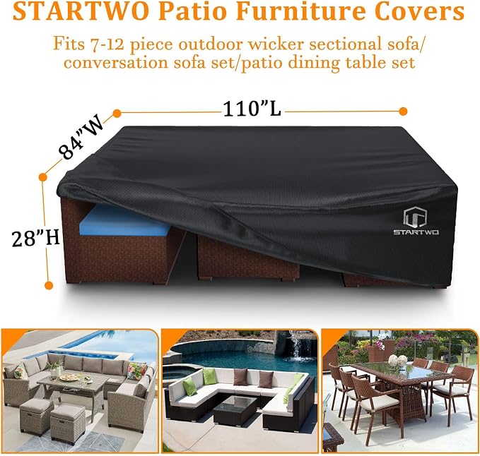 STARTWO Patio Furniture Covers Waterproof, Outdoor Furniture Set Cover for 7-12 Seats Sectional Sofa Table Chairs Anti-UV Tear-Resistant 500D Heavy Duty,110"x84"x28", Black - Image 2