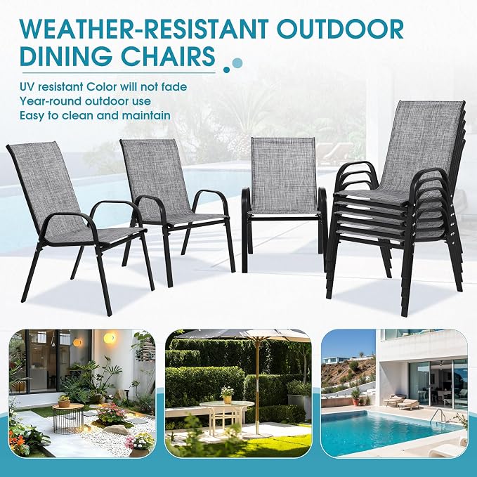 Outdoor Stackable Chairs Set of 8, Stacking Patio Chairs with Textilene Fabric, Outside Furniture for Garden Backyard Balconie Poolside Deck, Grey - Image 7
