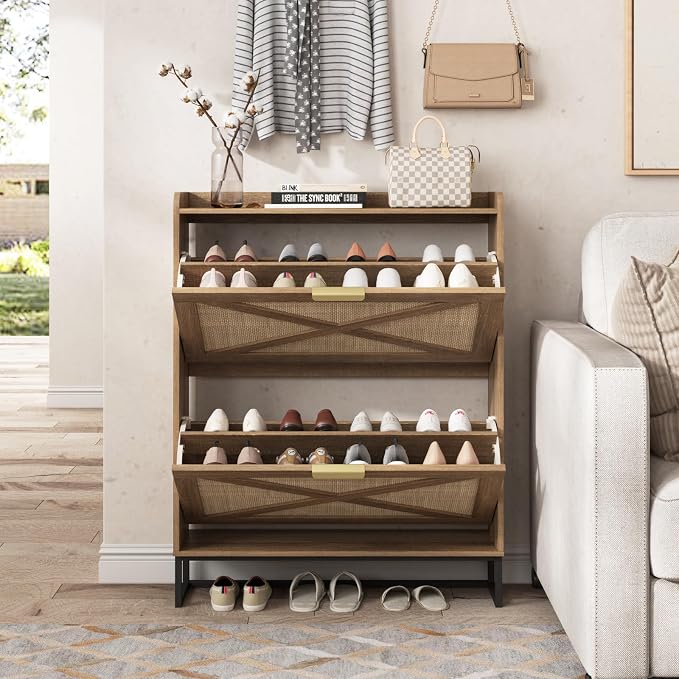 Maupvit Shoe Storage Cabinet with 2 Rattan Flip Drawers, Freestanding Organizer with Metal Legs for Entryway, Narrow Shoe Rack Cabinet, Hidden Golden Handles, Rustic Oak Rattan - Image 3