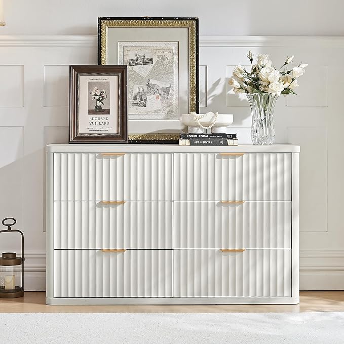 LEYAOYAO Fluted 6 Drawers Dresser Set of 2, 48" Wide Modern Chest of Drawers with Wood Grain Top, Curved Profile Design, Dresser TV Stand, Wooden Drawer Organizer for Bedroom, Living Room, White - Image 6