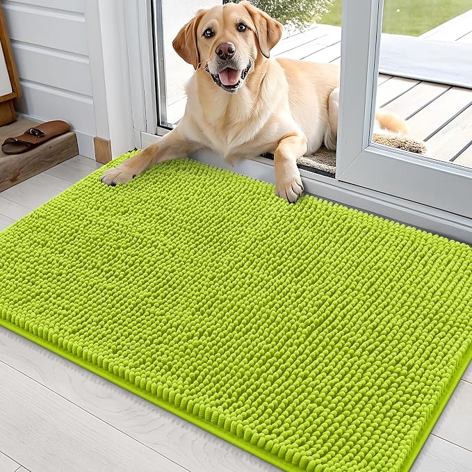 OLANLY Dog Door Mat for Muddy Paws 36x24, Absorbs Moisture and Dirt, Absorbent Non-Slip Washable Doormat, Quick Dry Chenille Mud Mat, Entry Indoor Entryway Carpet for Inside Floor, Bright Green by OLANLY
