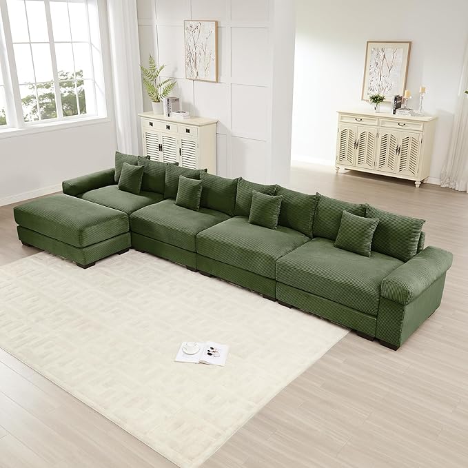 KEIKI 168" L-Shaped Oversized Corduroy Modular Cloud Sectional Sofa with 1 Ottoman, High-Density Foam Cushion, Extra-Thick Armrest, 4-Seater Fluffy Corner Couch with 12 Pillow, for Living Room, Green