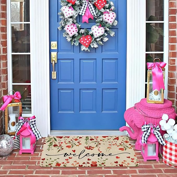 Faptoena Valentines Door Mat,Valentines Red Love Heart Floral Indoor Outdoor Non-Slip Doormat,Entryway Front Porch Valentine's Welcome Mat for Entrance Decor 30" x 17" - Image 2