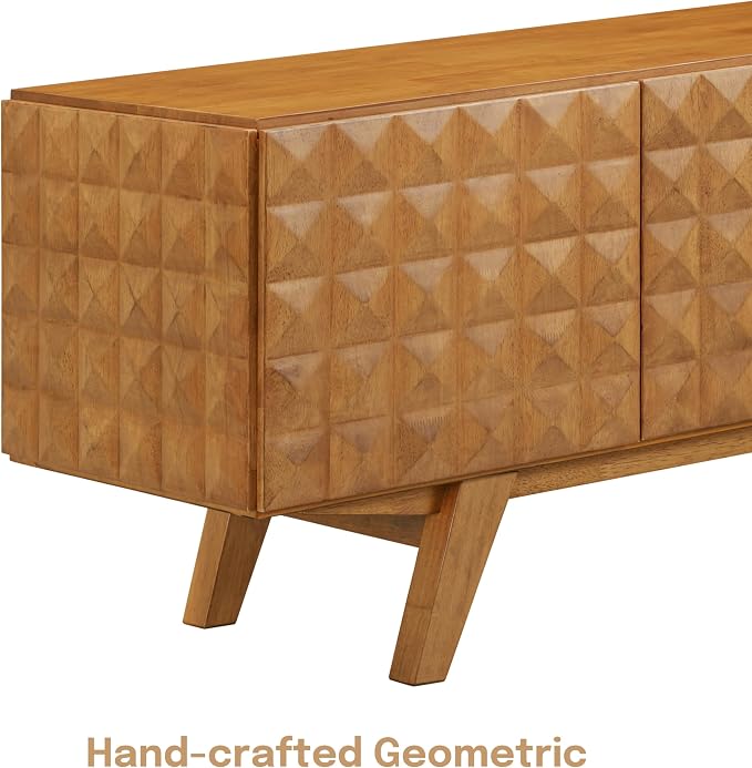 NTC Sapa Mid-Century Modern Solid Wood TV Stand 4-Door Media Console with Carved Geometric Fronts for TVs up to 75", Effortless Assembly, Teak Look - Image 3