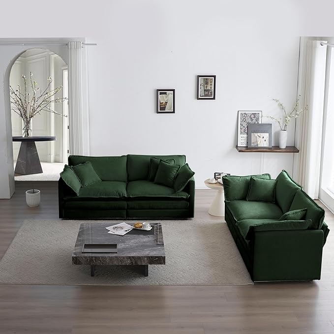 ERYE 2 PCS Oversized Living Room Sofa Sets Include Two Spacious Loveseats for 4-6 Persons, Modern Deep Seat Modular Cushions Sofa&Couch w/8 Pillows for Home,Apartment,Office, 76.7", Dark Green/2PCS