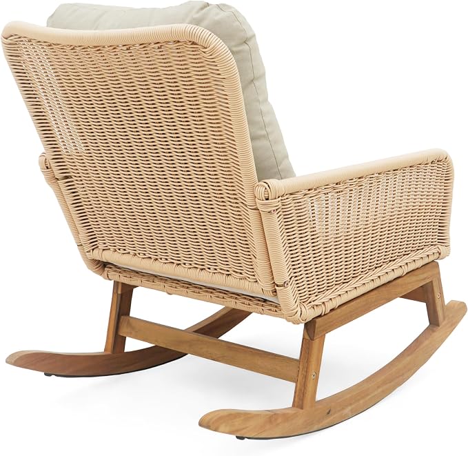 Christopher Knight Home Nadine Patio Rocking Chair, Wicker Rocker, Wood Leg Rocking Chair, PE Rattan Wicker Chair, Rocking Chair with Cushions, Comfort Wicker Rocker for Backyard Balcony Porch, Beige - Image 8