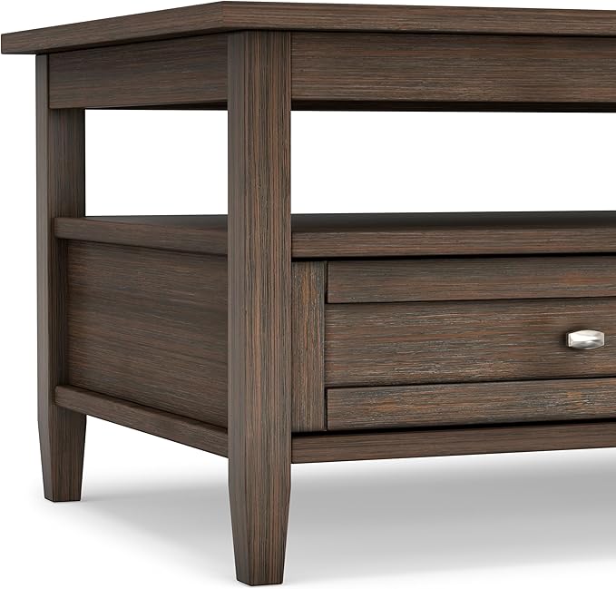 SIMPLIHOME Warm Shaker Coffee Table - 48 inch Wide Solid Wood Coffee Table in Farmhouse Brown, Transitional Living Room Table with 2 Drawers, Open Shelf, Shaker Fronts and Tapered Legs