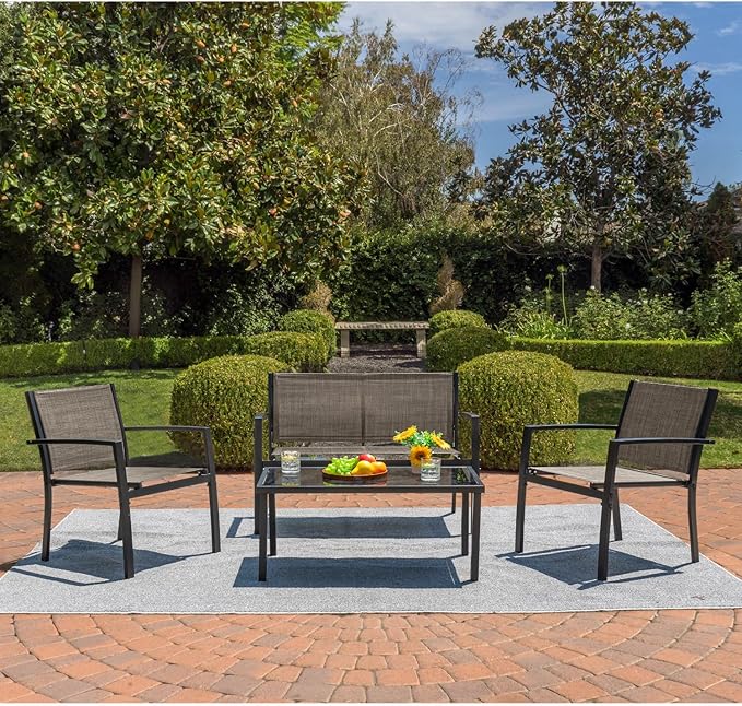 Devoko 4 Pieces Patio Furniture Set Outdoor Garden Patio Conversation Sets Poolside Lawn Chairs with Glass Coffee Table Porch Furniture (Brown)