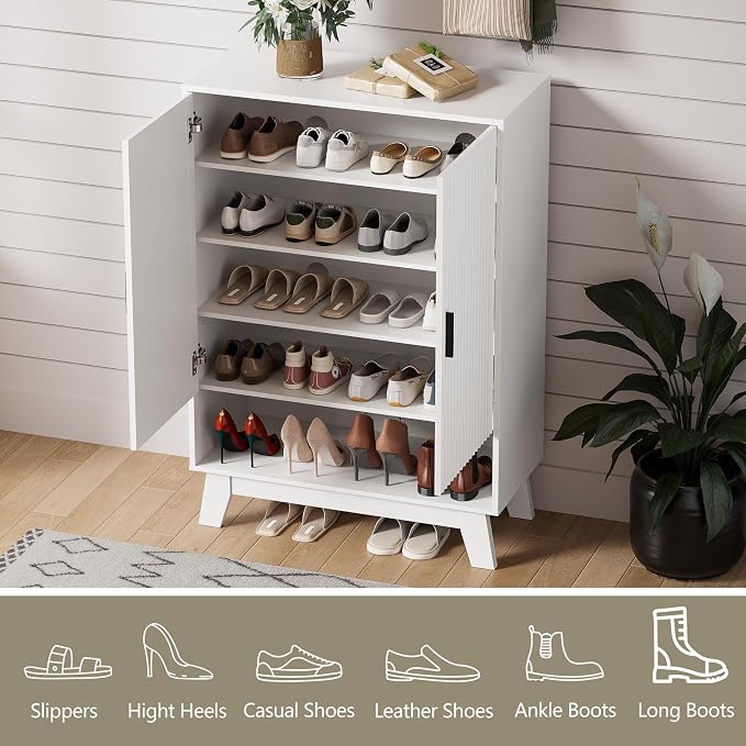 Shoe Cabinet Storage for Entryway with Doors, 5 Tier Fluted Shoe Organizer with Adjustable Shelves, Entryway Shoe Storage with Wooden Legs, Freestanding Hidden Shoe Rack for Front Door Entrance, White - Image 3