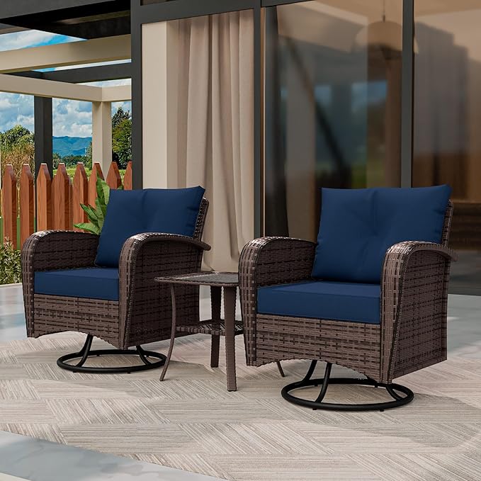 3 Piec Patio Bistro Set with 2 Rocking Chairs & Table, 360° Swivel PE Wicker Outdoor Furniture, Heavy-Duty Steel Frame,Weatherproof Cushions, Blue