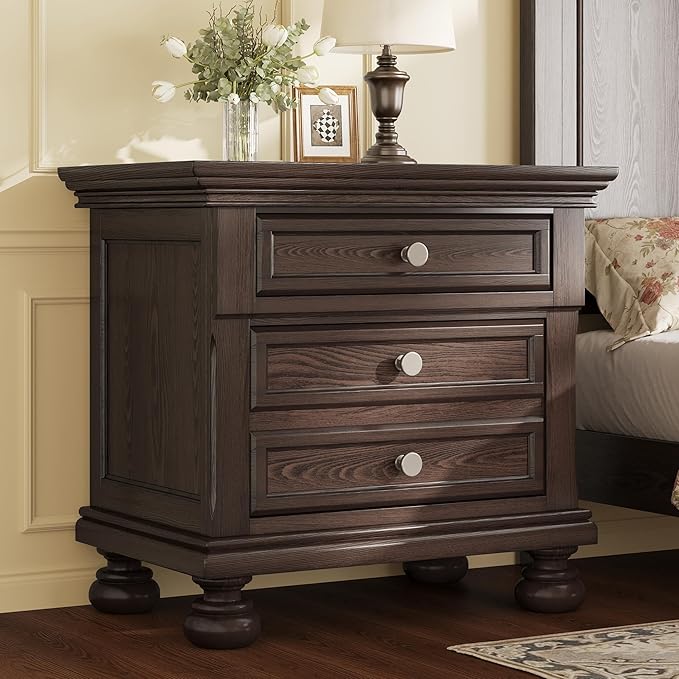 AMERLIFE Solid Wood 3 Piece Bedroom Set Including 65.2" High King Bed Frame, Fully Assembled Nightstands Set of 2 with 2 Storage Drawers for Bedroom, Dark Brown