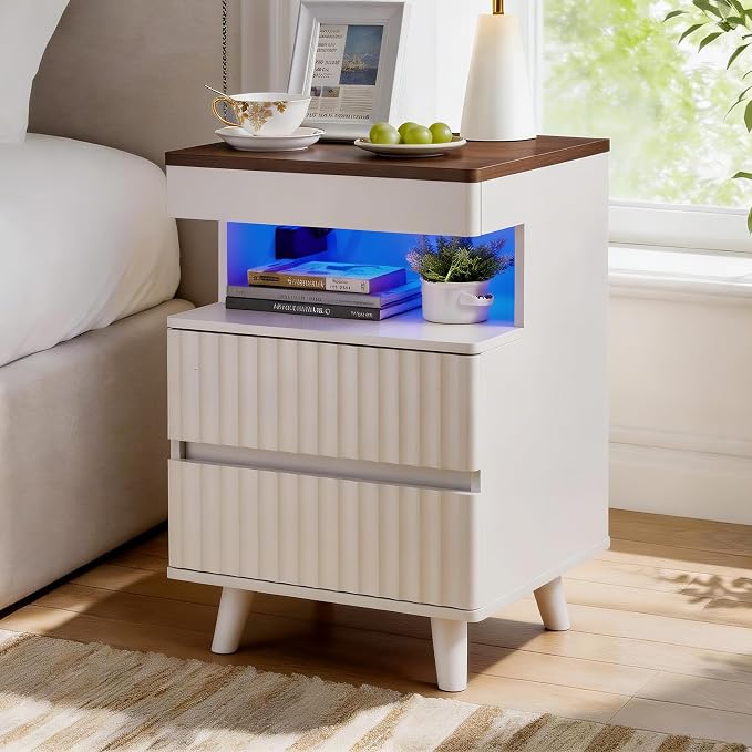 Eifizek Fluted Nightstand with LED Light & Charging Station, Modern Bed Side Table with 2 Storage Drawers & Open Shelf, Wooden End Table with Concealed Drawer for Bedroom, Living Room, White by Eifizek