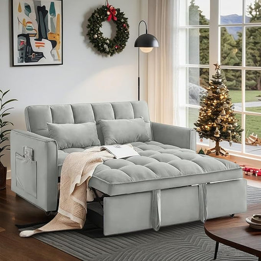 Convertible Sofa Bed, Pull Out Couch with Side Pockets, 3 in 1 Velvet Fabric Loveseat Sleeper Sofa Bed, Pull Out Couch with Adjustable Backrest for Living Room, Bedroom, Apartment, Gray