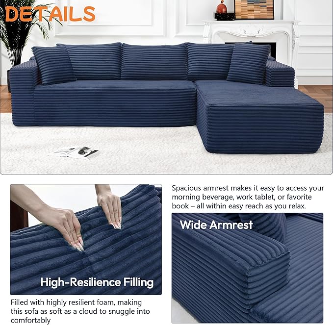 105" Cloud Sectional Couch with L-Shape Chaise,Modern Modular Sofa with Deep Seat, Fluffy Boneless Couches for Living Room Bedroom,No Assembly Required, Dark Blue (Plush Flannel Fabric)