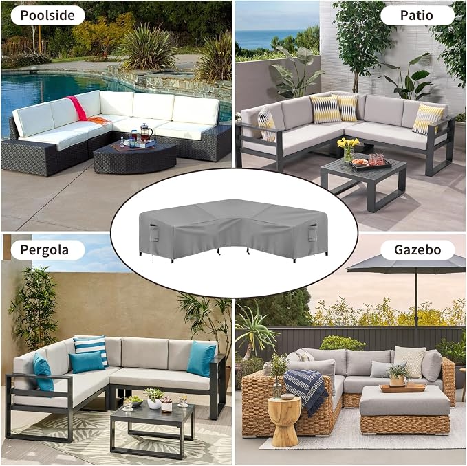 PureFit Outdoor Sectional Sofa Cover Waterproof V Shaped Patio Furniture Covers for Deck, Lawn and Backyard, 100”x100”, Gray - Image 8
