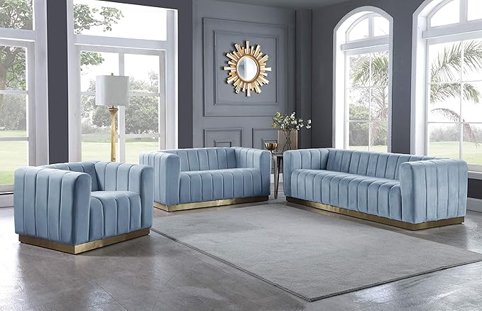 Meridian Furniture 603SkyBlu-S Marlon Collection Modern | Contemporary Velvet Upholstered Sofa with Deep Channlel Tufting and Brushed Gold Finish, Sky Blue, 86.5" W x 34" D x 28" H