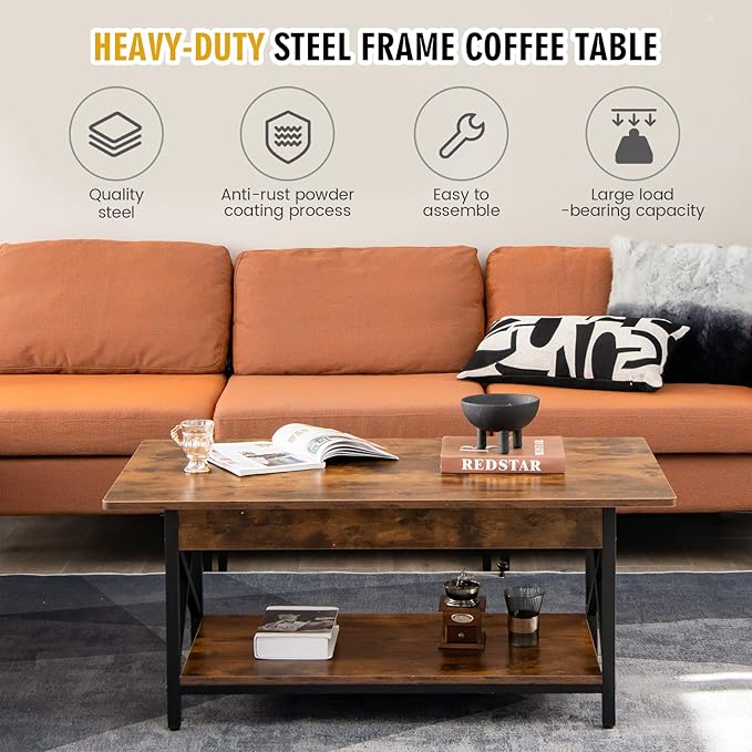 COSTWAY Industrial Coffee Table, 2-Tier Wood Cocktail Tea Table with Storage Shelf and X-Shape Steel Frame, Rectangle Sofa Side Accent Table for Living Room Home Office, Rustic Brown