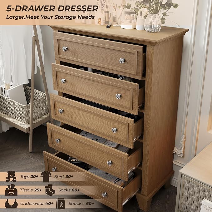 GAOMON Brown 5 Drawer Dresser for Bedroom, 48" Tall Wood Dresser & Chests of Drawers with Deep Drawers, Modern Chest Organizer with Metal Handles for Living Room, Hallway, Entryway - Image 3